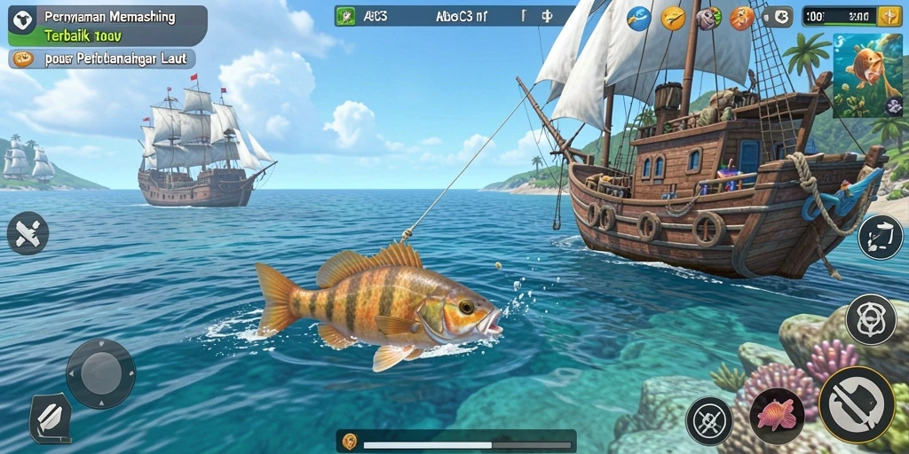 Screenshot gameplay ABC33, menampilkan pengalaman memancing yang seru.
