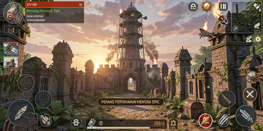 Tampilan gameplay DV188 yang menegangkan dalam pertahanan menara.