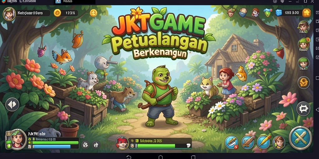 Screenshot utama JKTGAME menampilkan lahan pertanian yang indah dan beragam tanaman.
