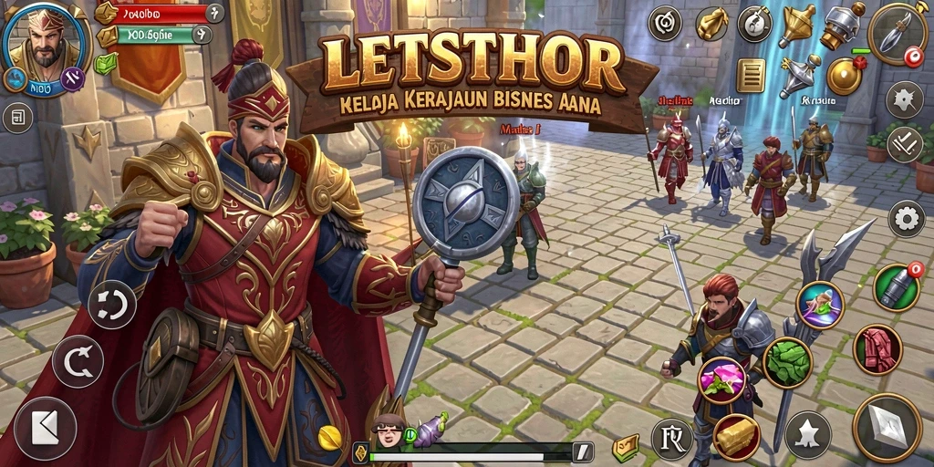 Screenshot permainan LETSTHOR menampilkan suasana mengelola bisnis yang dinamis.
