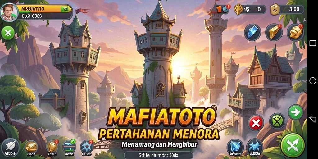 Screenshot utama gameplay MAFIATOTO yang menunjukkan menara bertahan.