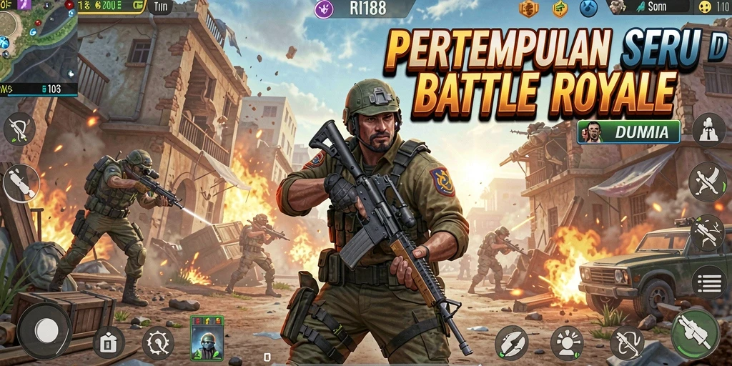 Screenshot utama RI188 menampilkan aksi pertempuran seru dalam game Battle Royale.
