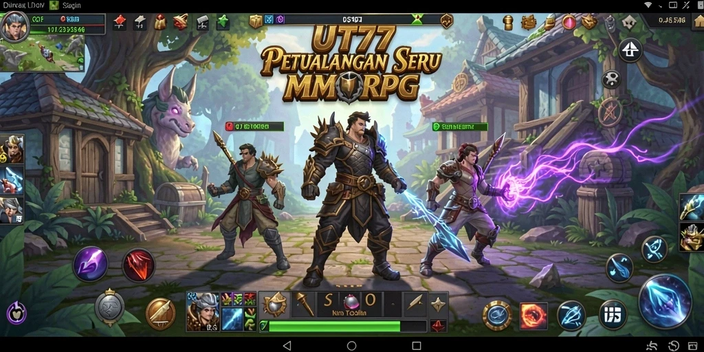 Screenshot utama UT77 menampilkan pertarungan epik di dunia MMORPG.